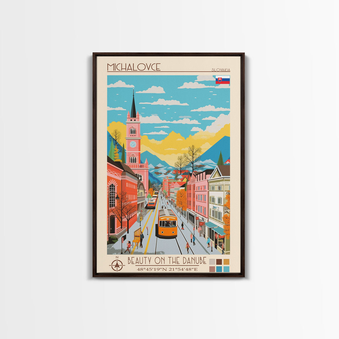 Michalovce Slovakia Travel Poster Framed Canvas Print, Midcentury Modern Art, Pop Art Wall Decor, Scenic Wall Art, Living Room Decoration, Office Art