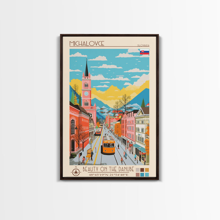 Michalovce Slovakia Travel Poster Framed Canvas Print, Midcentury Modern Art, Pop Art Wall Decor, Scenic Wall Art, Living Room Decoration, Office Art