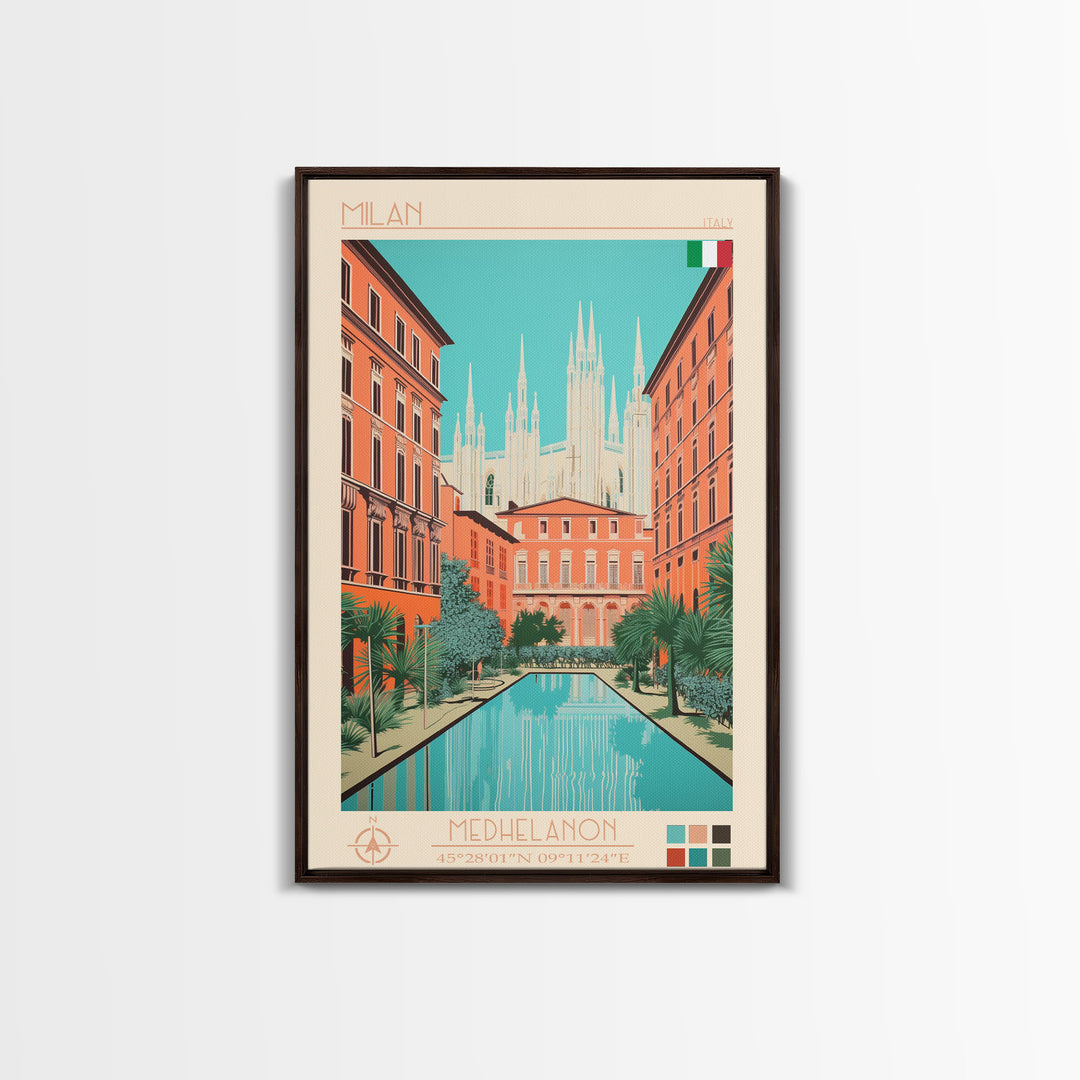 Milan Italy Travel Poster Framed Canvas Print, Midcentury Modern Art, Pop Art Wall Decor, Scenic Bedroom Art, Office Decoration