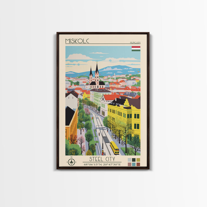 Miskolc Hungary Travel Poster Framed Canvas Print, Midcentury Modern Art, Pop Art Wall Decor, Scenic Living Room Art, Bedroom Decor