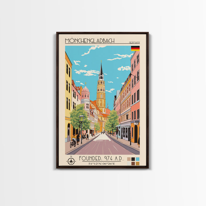 Mönchengladbach Germany Travel Poster Framed Canvas Print, Midcentury Modern Art, Pop Art Wall Decor, Scenic Living Room Art, Bedroom Gift