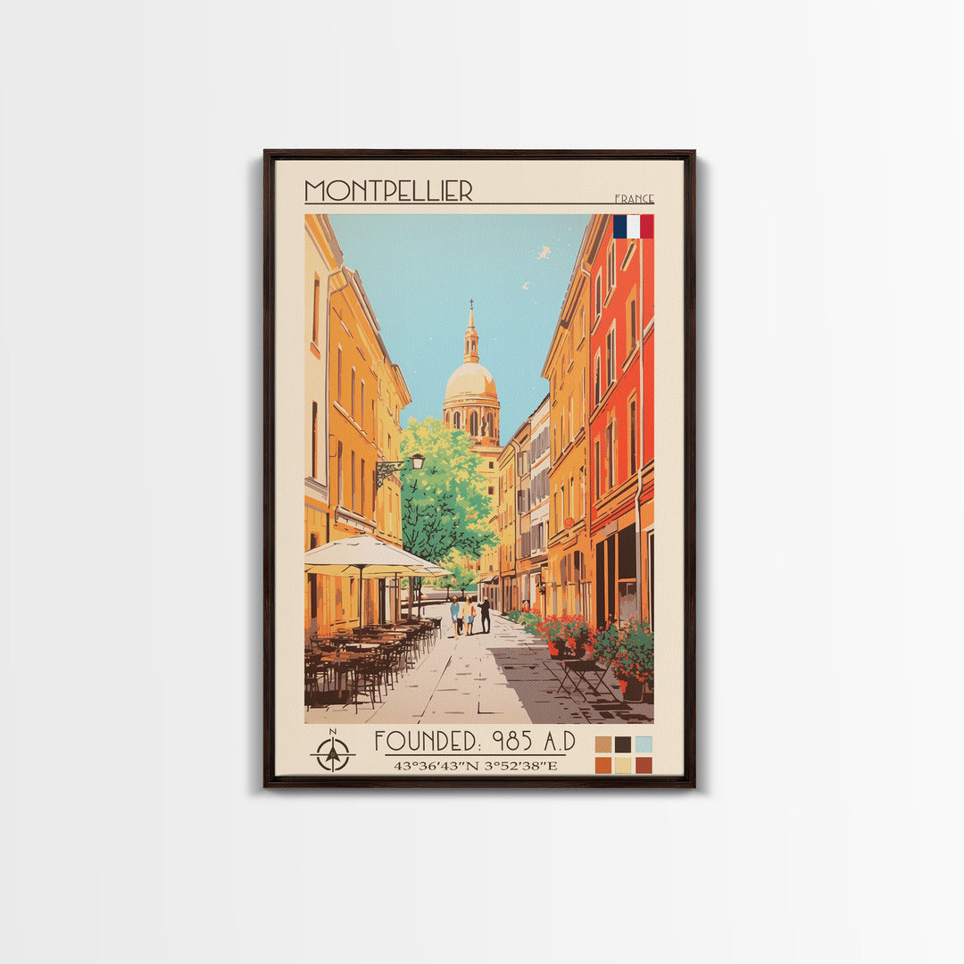Montpellier France Travel Poster Framed Canvas Print, Midcentury Modern Art, Pop Art Wall Decor, Scenic Living Room Art, Bedroom Gift