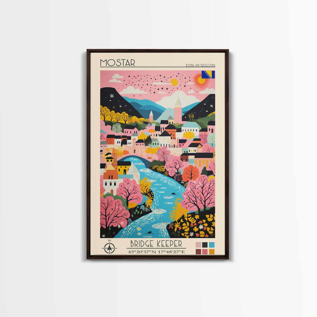 Mostar Bosnia and Herzegovina Travel Poster Framed Canvas Print, Midcentury Modern Art, Pop Art Wall Decor, Home Decor, Vacation Gift, Bedroom Art