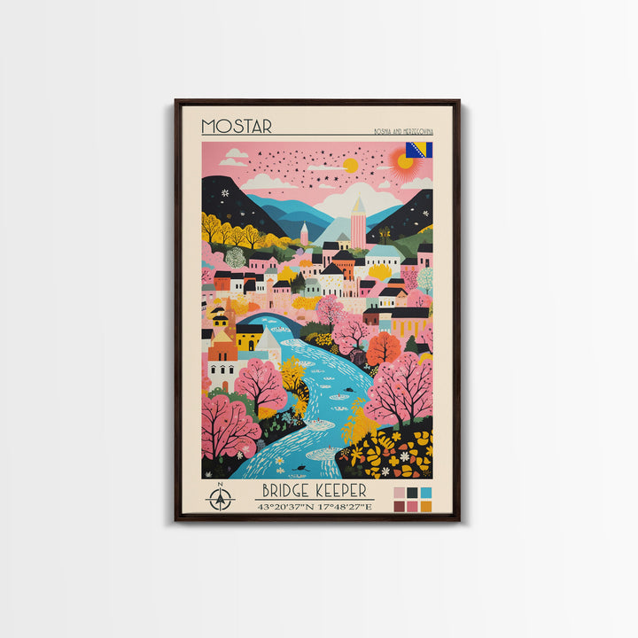 Mostar Bosnia and Herzegovina Travel Poster Framed Canvas Print, Midcentury Modern Art, Pop Art Wall Decor, Home Decor, Vacation Gift, Bedroom Art