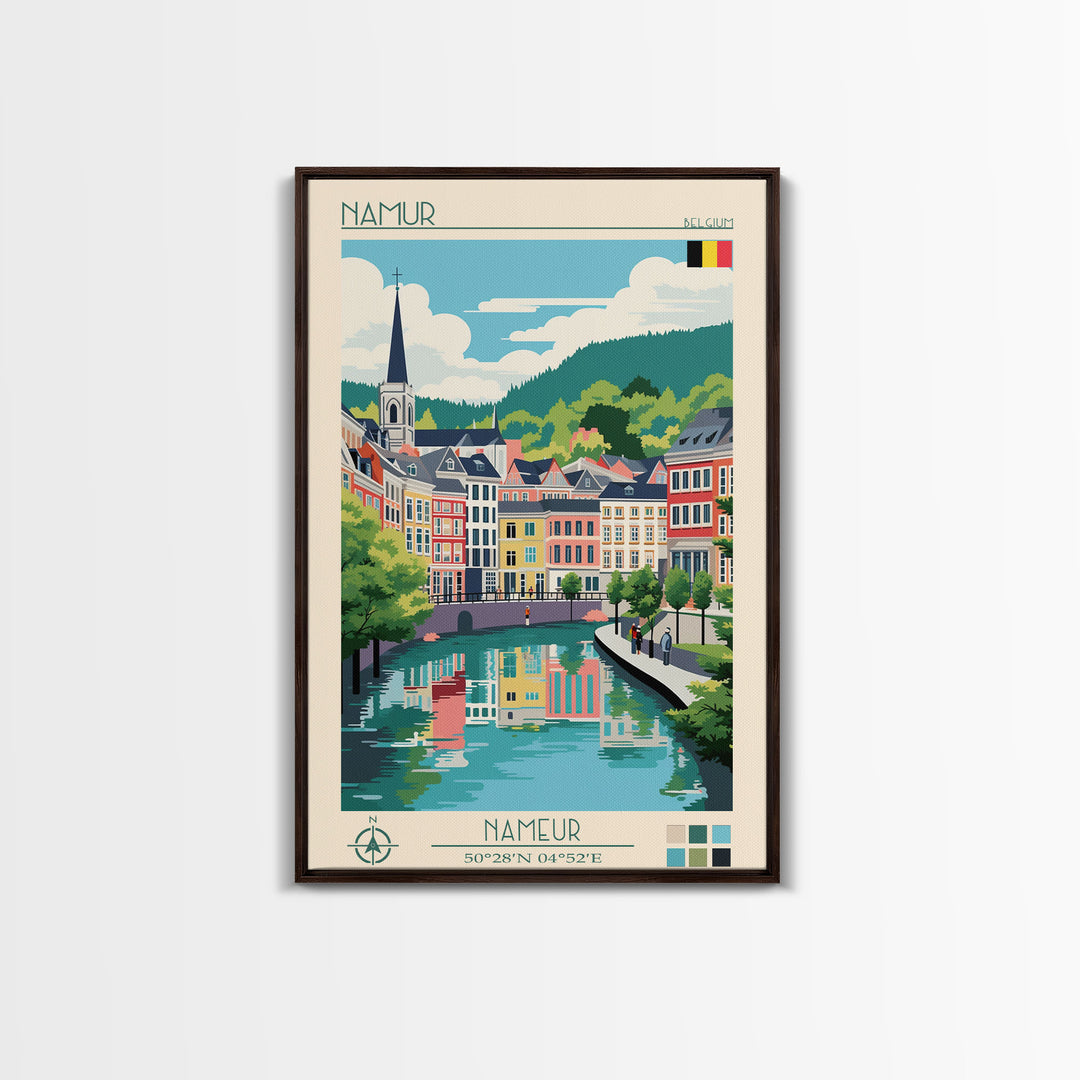 Namur Belgium Travel Poster Framed Canvas Print, Midcentury Modern Art, Pop Art Wall Decor, Scenic Wall Art, Living Room Decoration, Office Gift