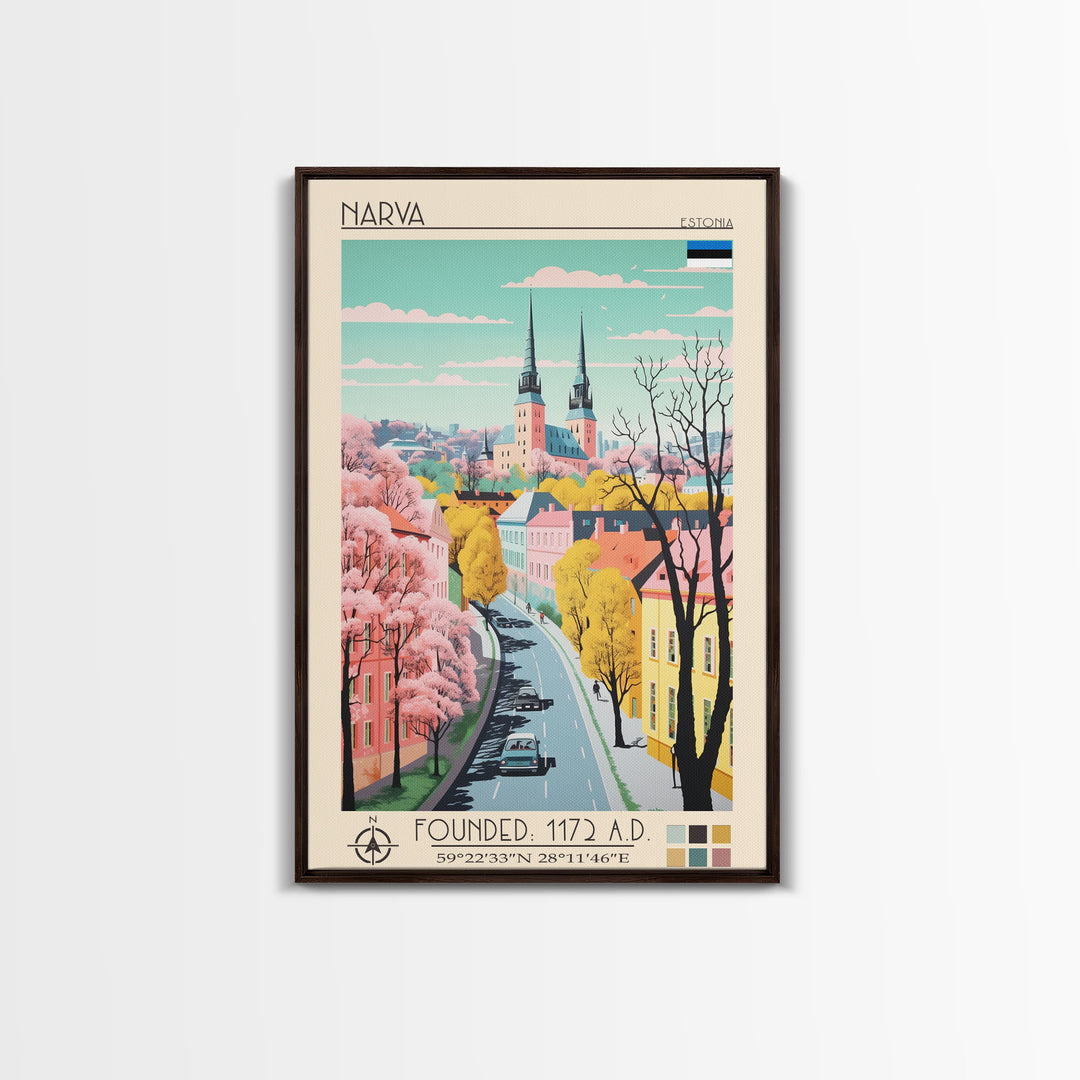 Narva Estonia Travel Poster Framed Canvas Print, Midcentury Modern Art, Pop Art Wall Decor, Scenic Bedroom Art, Office Decoration