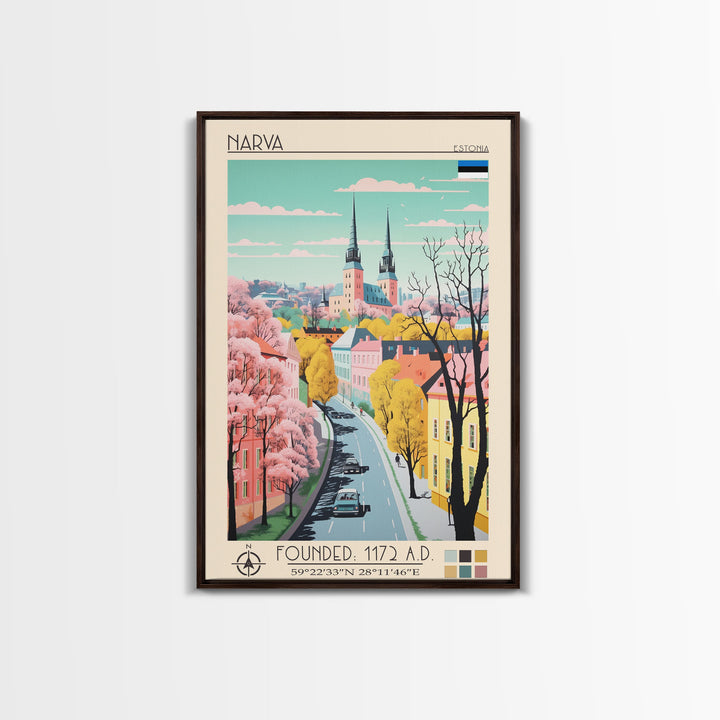 Narva Estonia Travel Poster Framed Canvas Print, Midcentury Modern Art, Pop Art Wall Decor, Scenic Bedroom Art, Office Decoration