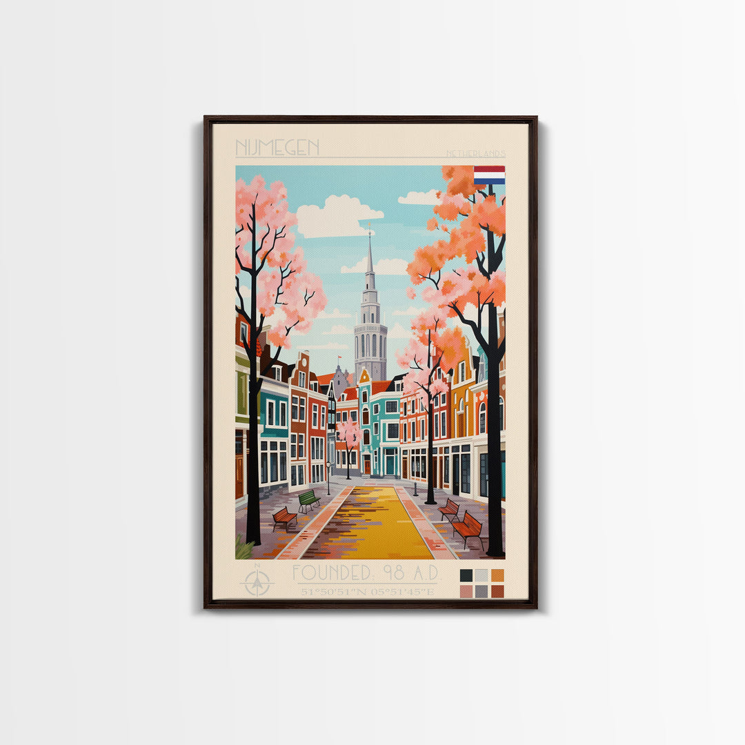 Nijmegen Netherlands Travel Poster Framed Canvas Print, Midcentury Modern Art, Pop Art Wall Decor, Scenic Living Room Art, Bedroom Gift