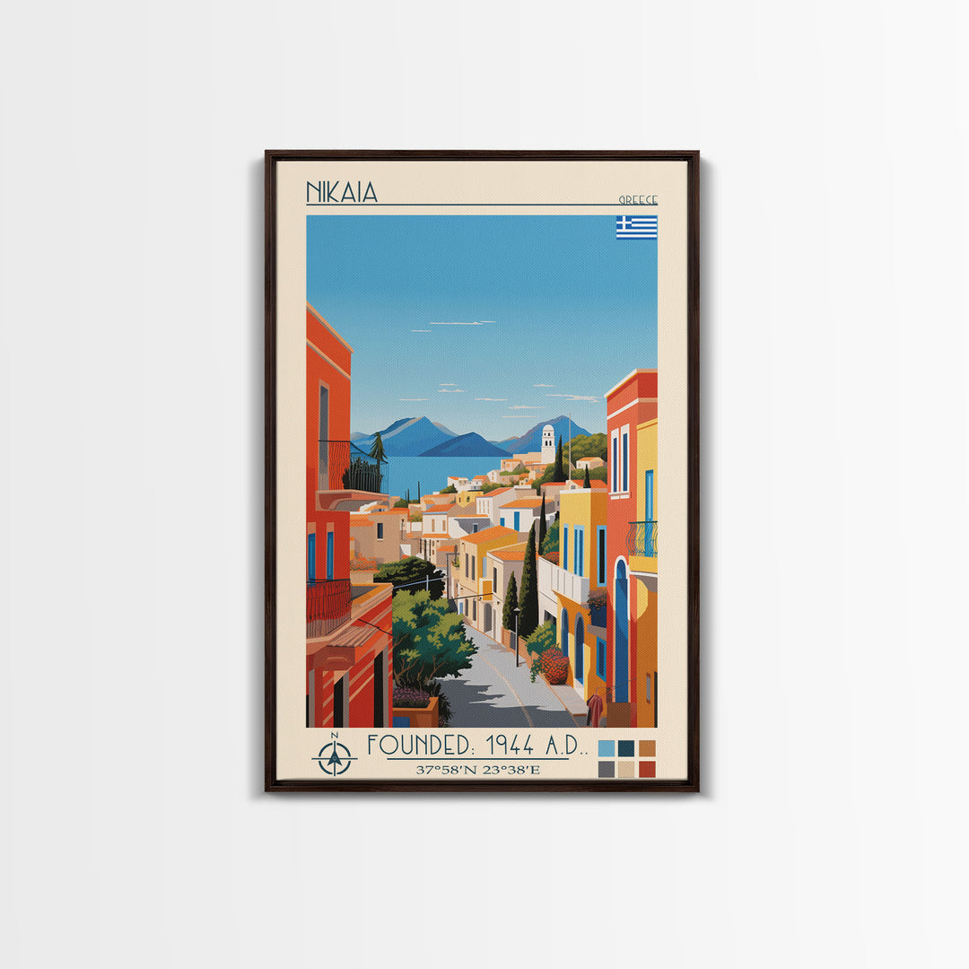 Nikaia Greece Travel Poster Framed Canvas Print, Midcentury Modern Art, Pop Art Wall Decor, Scenic Wall Art, Living Room Decoration, Office Art