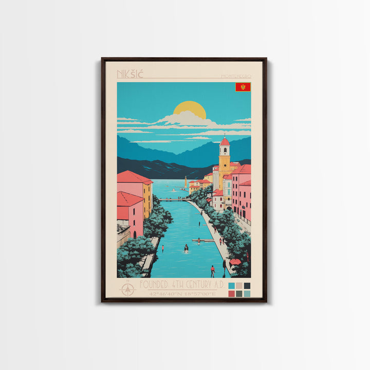 Nikšić Montenegro Travel Poster Framed Canvas Print, Midcentury Modern Art, Pop Art Wall Decor, Home Decor, Vacation Gift, Bedroom Art