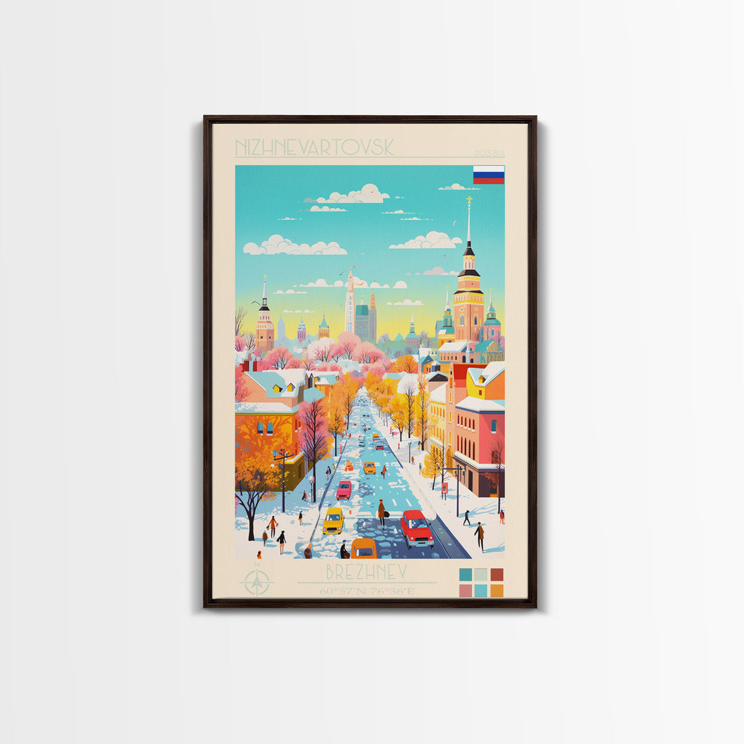Nizhnevartovsk Russia Travel Poster Framed Canvas Print, Midcentury Modern Art, Pop Art Wall Decor, Scenic Wall Art, Living Room Decoration, Office Art