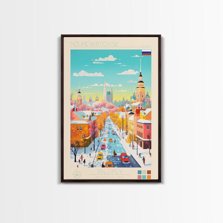 Nizhnevartovsk Russia Travel Poster Framed Canvas Print, Midcentury Modern Art, Pop Art Wall Decor, Scenic Wall Art, Living Room Decoration, Office Art