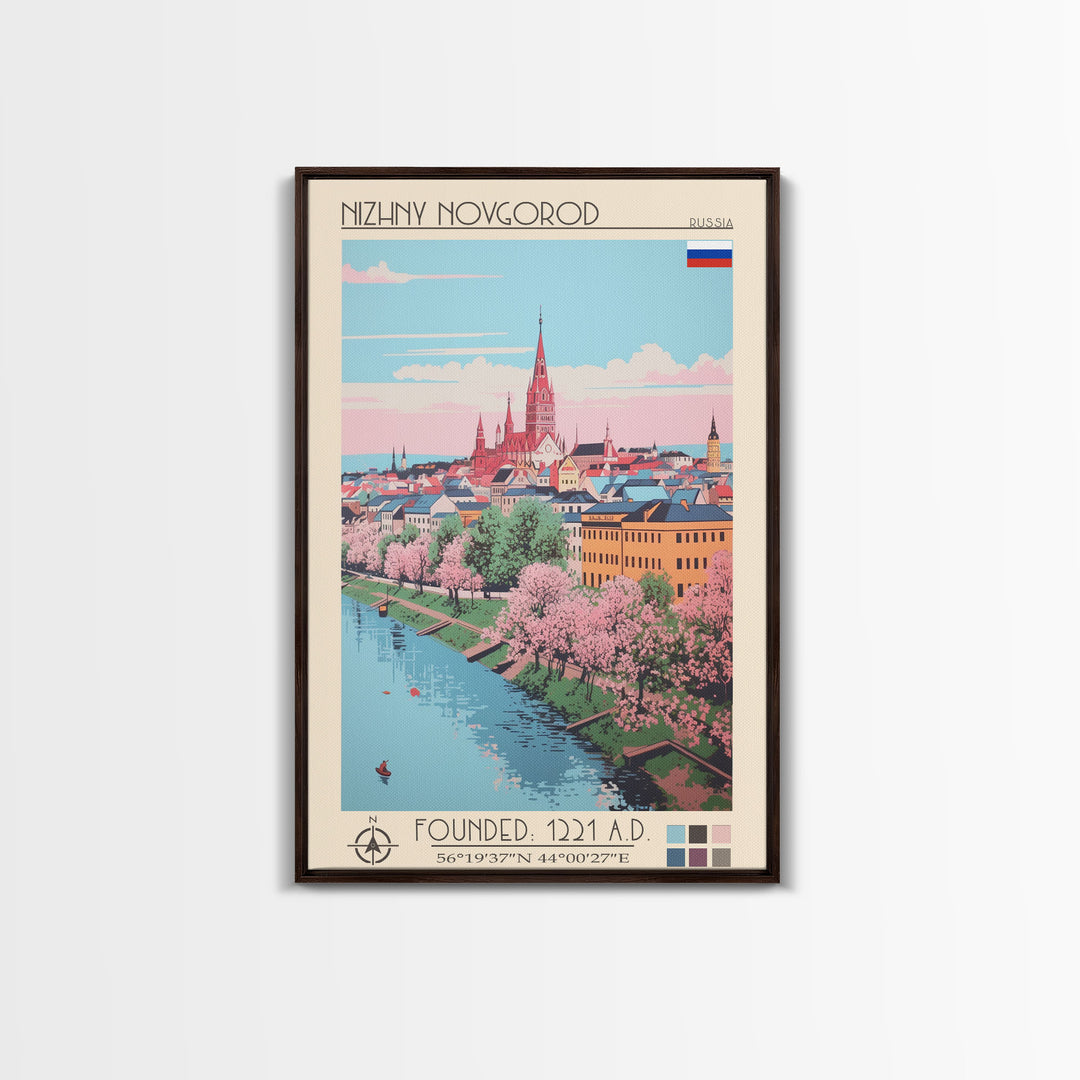 Nizhny Novgorod Russia Travel Poster Framed Canvas Print, Midcentury Modern Art, Pop Art Wall Decor, Scenic Bedroom Art, Office Decoration