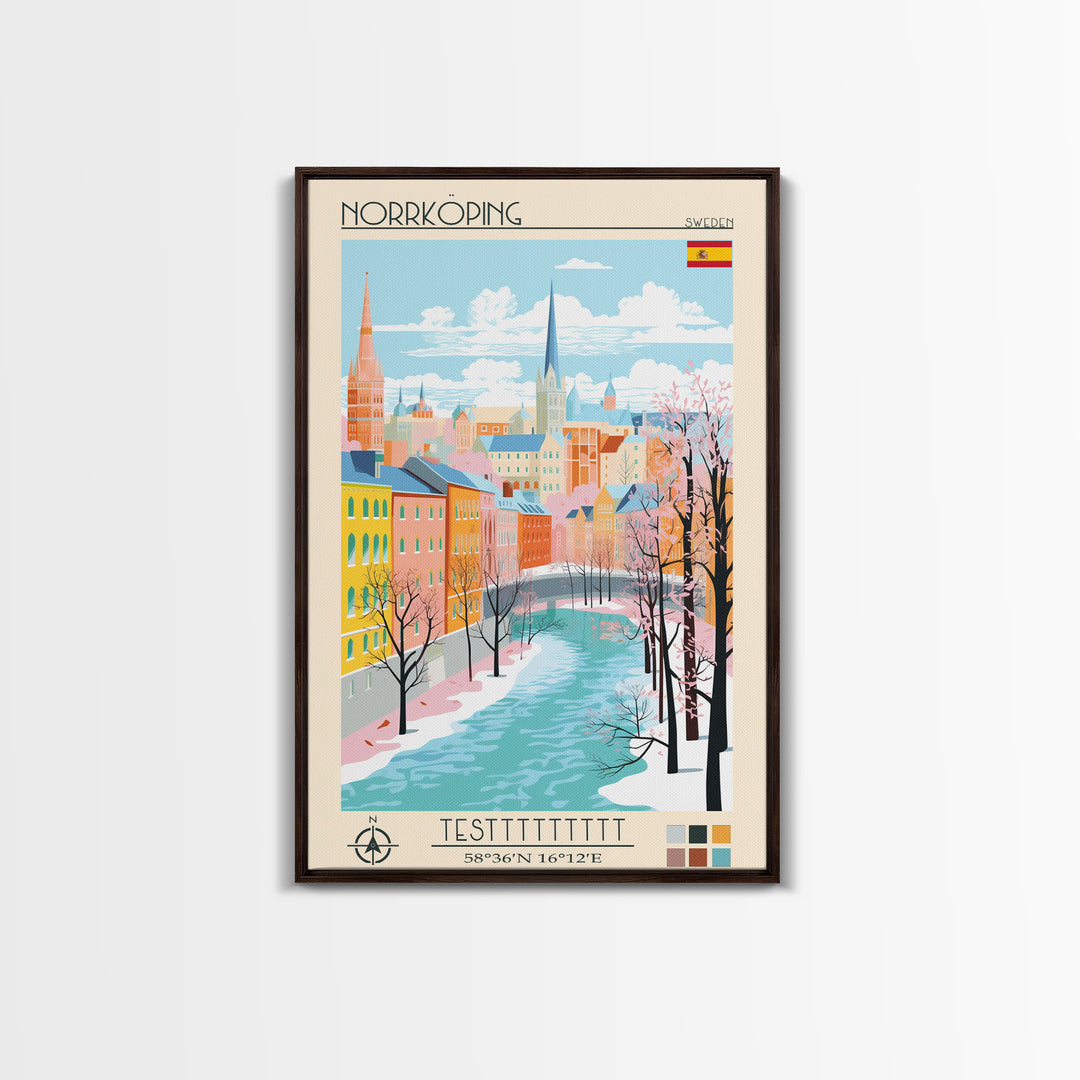 Norrköping Sweden Travel Poster Framed Canvas Print, Midcentury Modern Art, Pop Art Wall Decor, Home Decor, Vacation Gift, Office Art