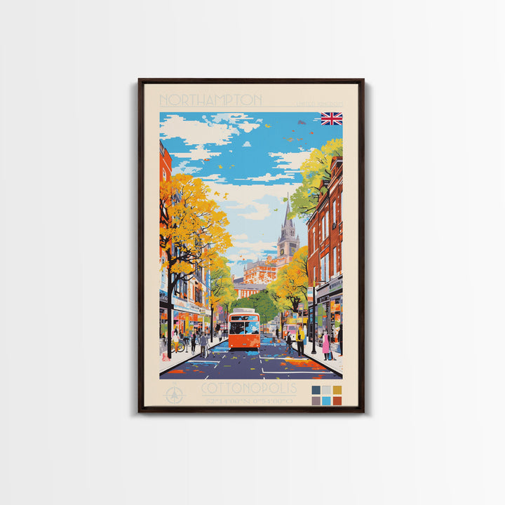 Northampton United Kingdom Travel Poster Framed Canvas Print, Midcentury Modern Art, Pop Art Wall Decor, Scenic Living Room Art, Bedroom Gift