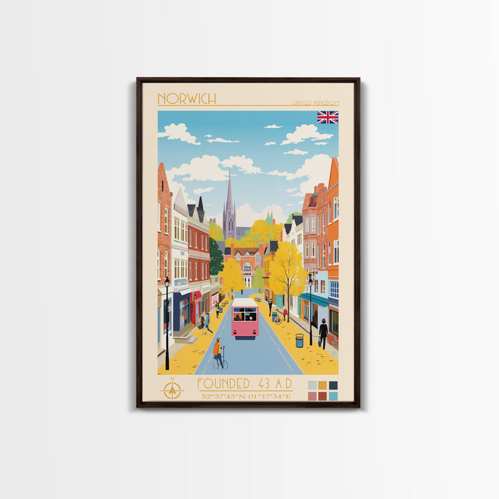 Norwich United Kingdom Travel Poster Framed Canvas Print, Midcentury Modern Art, Pop Art Wall Decor, Scenic Wall Art, Living Room Decoration, Office Art