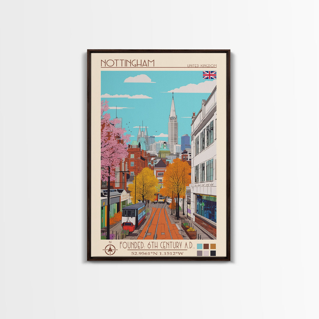 Nottingham United Kingdom Travel Poster Framed Canvas Print, Midcentury Modern Art, Pop Art Wall Decor, Home Decor, Vacation Gift, Bedroom Art