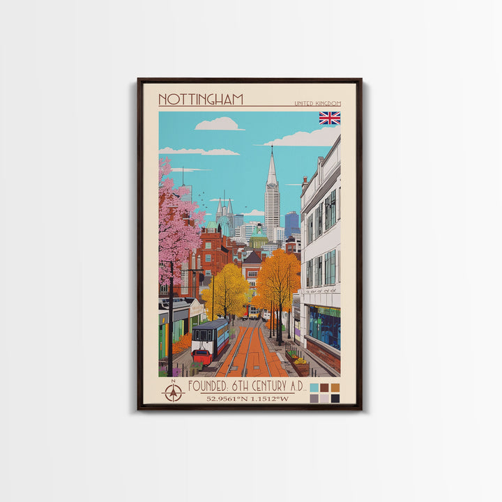 Nottingham United Kingdom Travel Poster Framed Canvas Print, Midcentury Modern Art, Pop Art Wall Decor, Home Decor, Vacation Gift, Bedroom Art