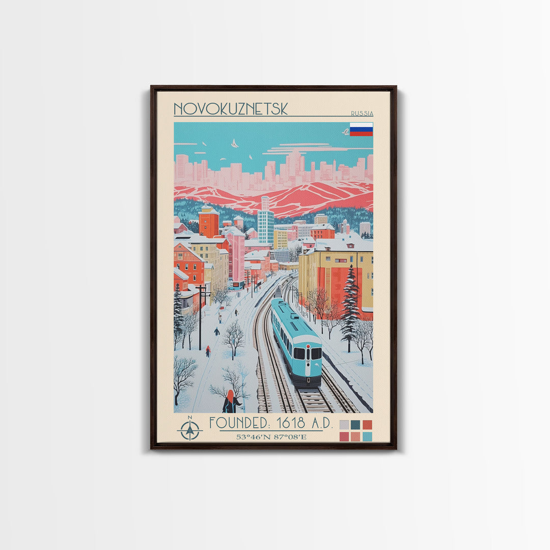 Novokuznetsk Russia Travel Poster Framed Canvas Print, Midcentury Modern Art, Pop Art Wall Decor, Scenic Wall Art, Living Room Decoration, Office Art