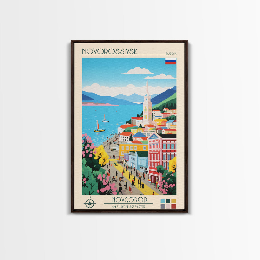 Novorossiysk Russia Travel Poster Framed Canvas Print, Midcentury Modern Art, Pop Art Wall Decor, Scenic Bedroom Art, Office Decoration