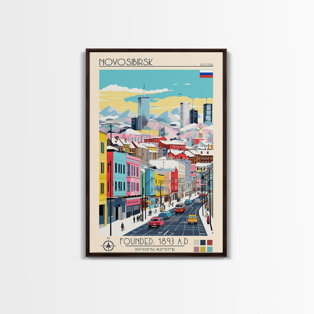 Novosibirsk Russia Travel Poster Framed Canvas Print, Midcentury Modern Art, Pop Art Wall Decor, Scenic Living Room Art, Bedroom Decor
