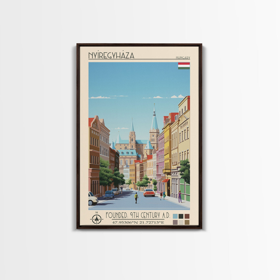 Nyíregyháza Hungary Travel Poster Framed Canvas Print, Midcentury Modern Art, Pop Art Wall Decor, Home Decor, Vacation Gift, Office Art