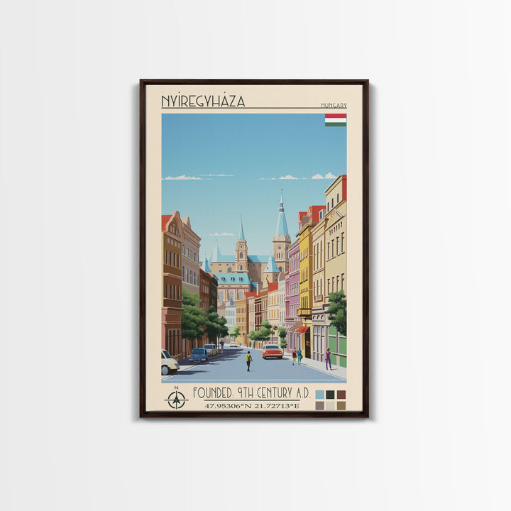 Nyíregyháza Hungary Travel Poster Framed Canvas Print, Midcentury Modern Art, Pop Art Wall Decor, Home Decor, Vacation Gift, Office Art