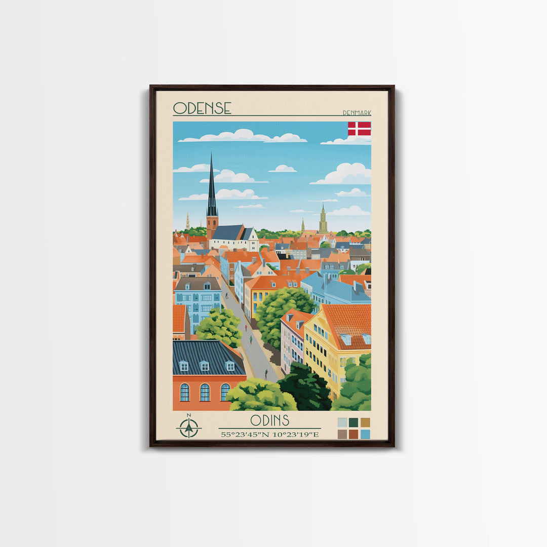 Odense Denmark Travel Poster Framed Canvas Print, Midcentury Modern Art, Pop Art Wall Decor, Scenic Wall Art, Living Room Decoration, Office Art