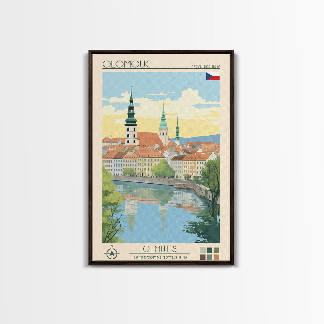 Olomouc Czech Republic Travel Poster Framed Canvas Print, Midcentury Modern Art, Pop Art Wall Decor, Scenic Wall Art, Living Room Decoration, Office Gift