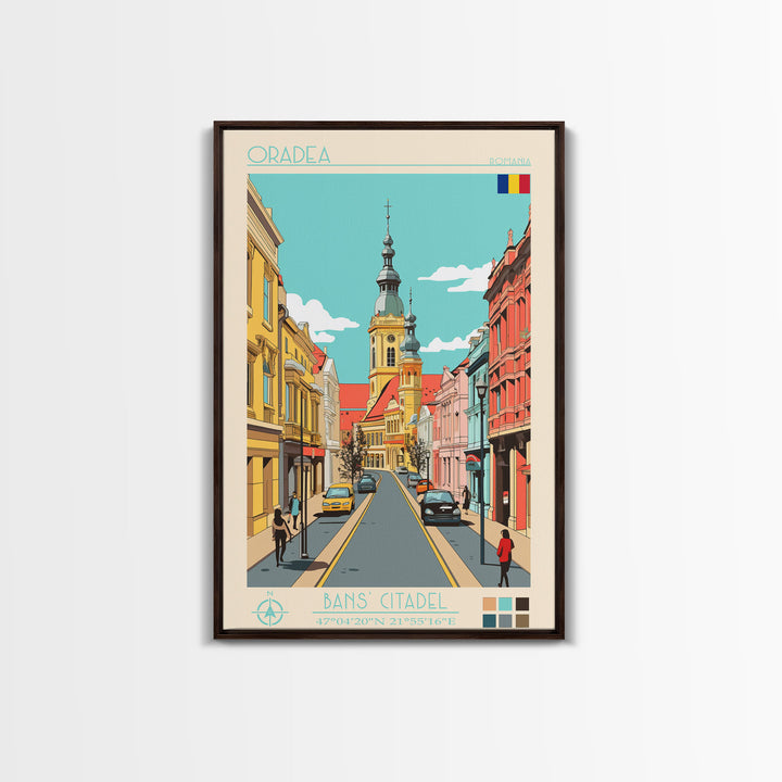 Oradea Romania Travel Poster Framed Canvas Print, Midcentury Modern Art, Pop Art Wall Decor, Scenic Bedroom Art, Office Decoration