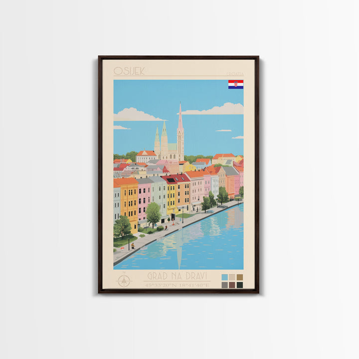 Osijek Croatia Travel Poster Framed Canvas Print, Midcentury Modern Art, Pop Art Wall Decor, Home Decor, Vacation Gift, Office Art