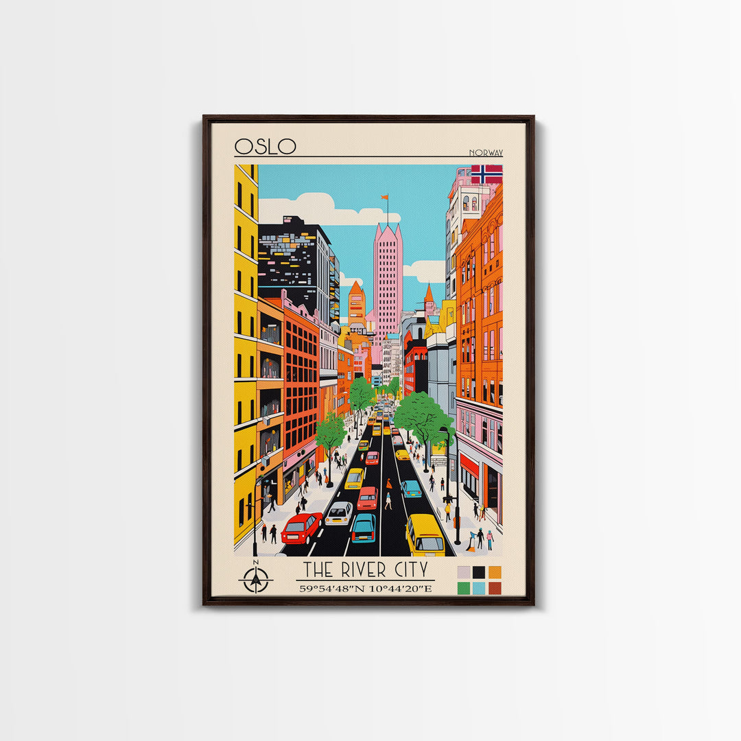 Oslo Norway Travel Poster Framed Canvas Print, Midcentury Modern Art, Pop Art Wall Decor, Scenic Living Room Art, Bedroom Gift