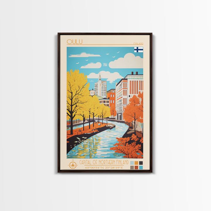 Oulu Finland Travel Poster Framed Canvas Print, Midcentury Modern Art, Pop Art Wall Decor, Scenic Wall Art, Living Room Decoration, Office Gift