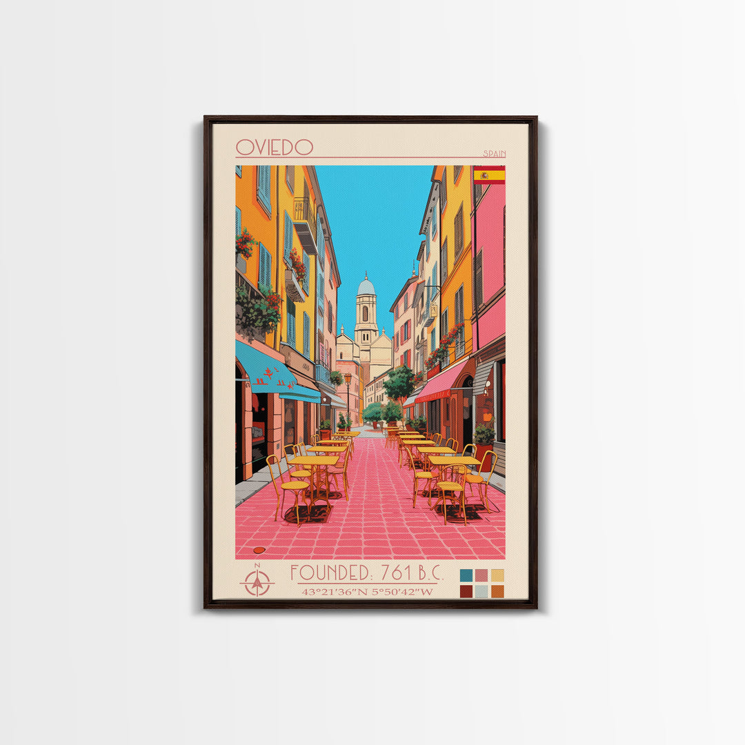 Oviedo Spain Travel Poster Framed Canvas Print, Midcentury Modern Art, Pop Art Wall Decor, Scenic Wall Art, Bedroom Decoration