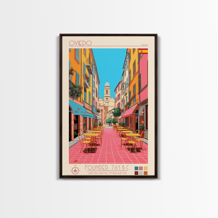 Oviedo Spain Travel Poster Framed Canvas Print, Midcentury Modern Art, Pop Art Wall Decor, Scenic Wall Art, Bedroom Decoration