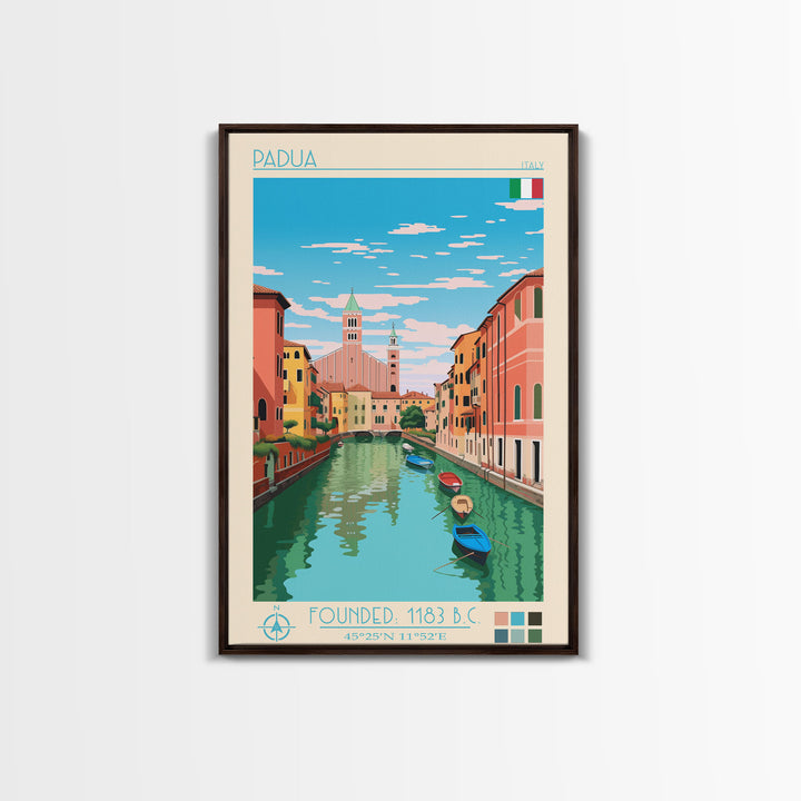 Padua Italy Travel Poster Framed Canvas Print, Midcentury Modern Art, Pop Art Wall Decor, Scenic Bedroom Art, Office Decoration