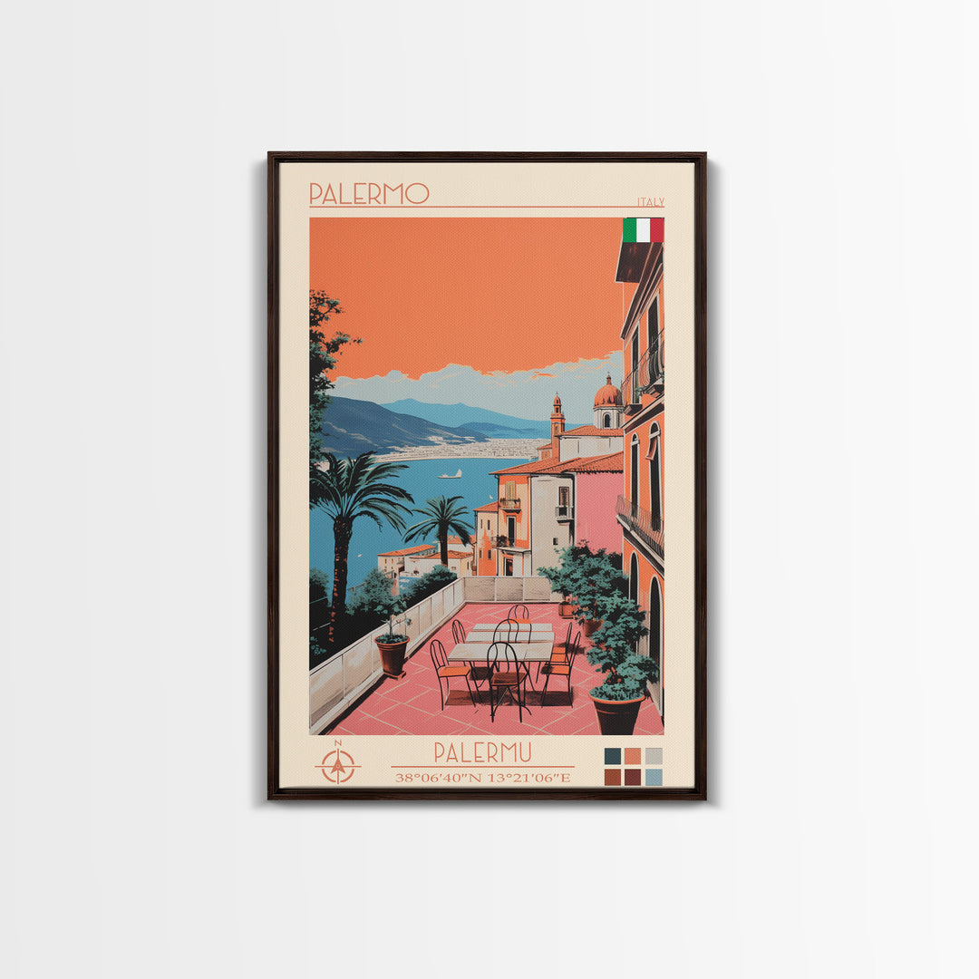Palermo Italy Travel Poster Framed Canvas Print, Midcentury Modern Art, Pop Art Wall Decor, Scenic Living Room Art, Bedroom Decor