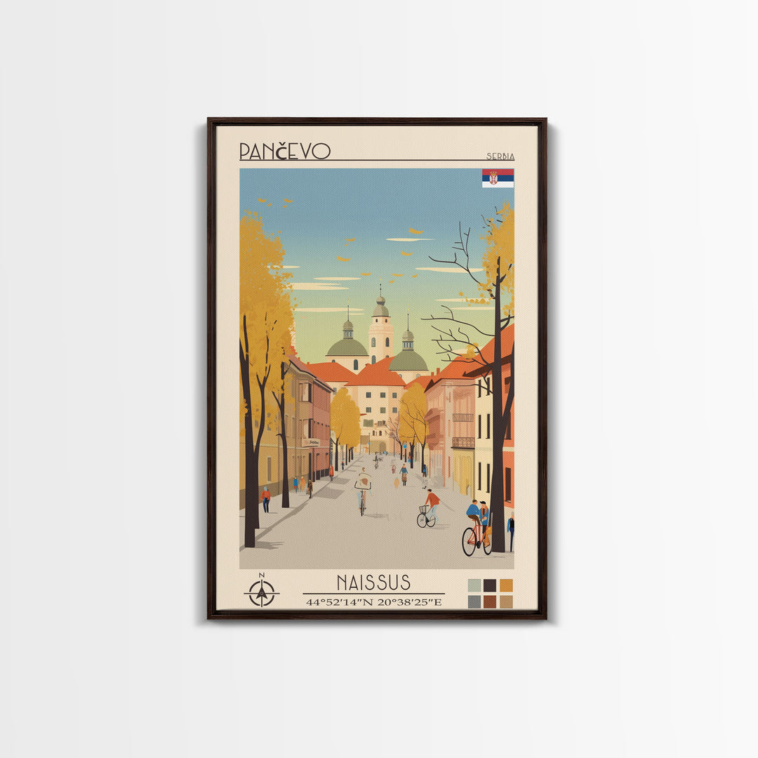 Pančevo Serbia Travel Poster Framed Canvas Print, Midcentury Modern Art, Pop Art Wall Decor, Scenic Wall Art, Living Room Decoration, Office Art