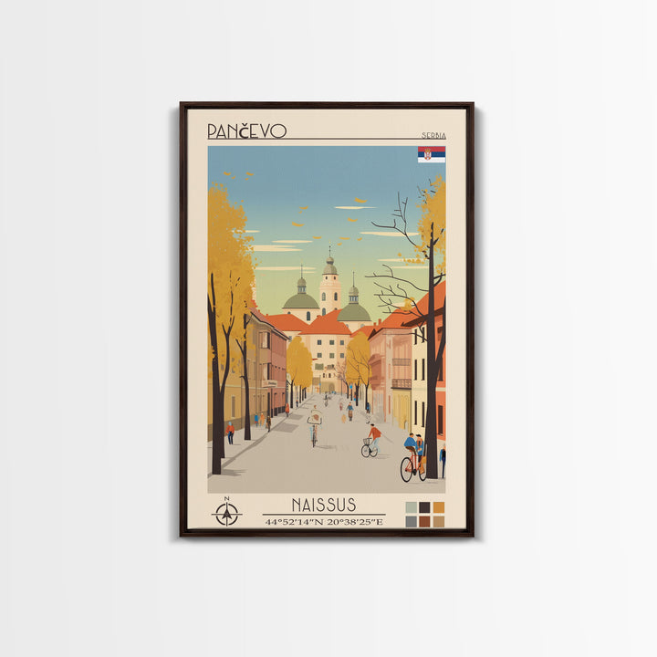 Pančevo Serbia Travel Poster Framed Canvas Print, Midcentury Modern Art, Pop Art Wall Decor, Scenic Wall Art, Living Room Decoration, Office Art