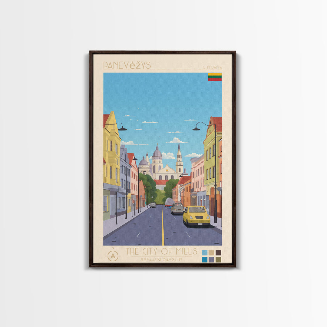 Panevėžys Lithuania Travel Poster Framed Canvas Print, Midcentury Modern Art, Pop Art Wall Decor, Scenic Living Room Art, Bedroom Gift