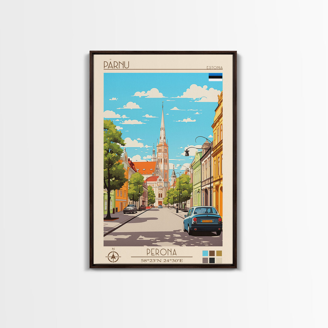 Pärnu Estonia Travel Poster Framed Canvas Print, Midcentury Modern Art, Pop Art Wall Decor, Scenic Wall Art, Bedroom Decoration