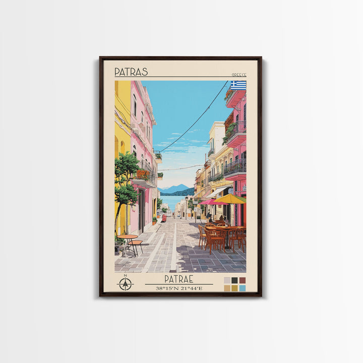 Patras Greece Travel Poster Framed Canvas Print, Midcentury Modern Art, Pop Art Wall Decor, Scenic Wall Art, Living Room Decoration, Office Art