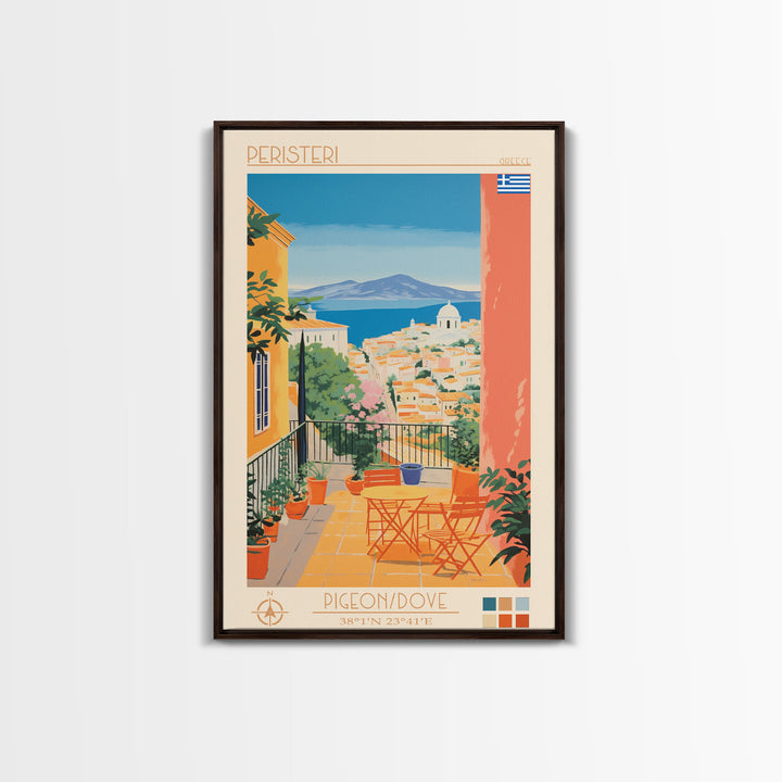 Peristeri Greece Travel Poster Framed Canvas Print, Midcentury Modern Art, Pop Art Wall Decor, Scenic Bedroom Art, Office Decoration