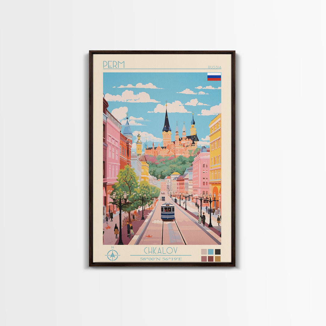 Perm Russia Travel Poster Framed Canvas Print, Midcentury Modern Art, Pop Art Wall Decor, Scenic Living Room Art, Bedroom Decor