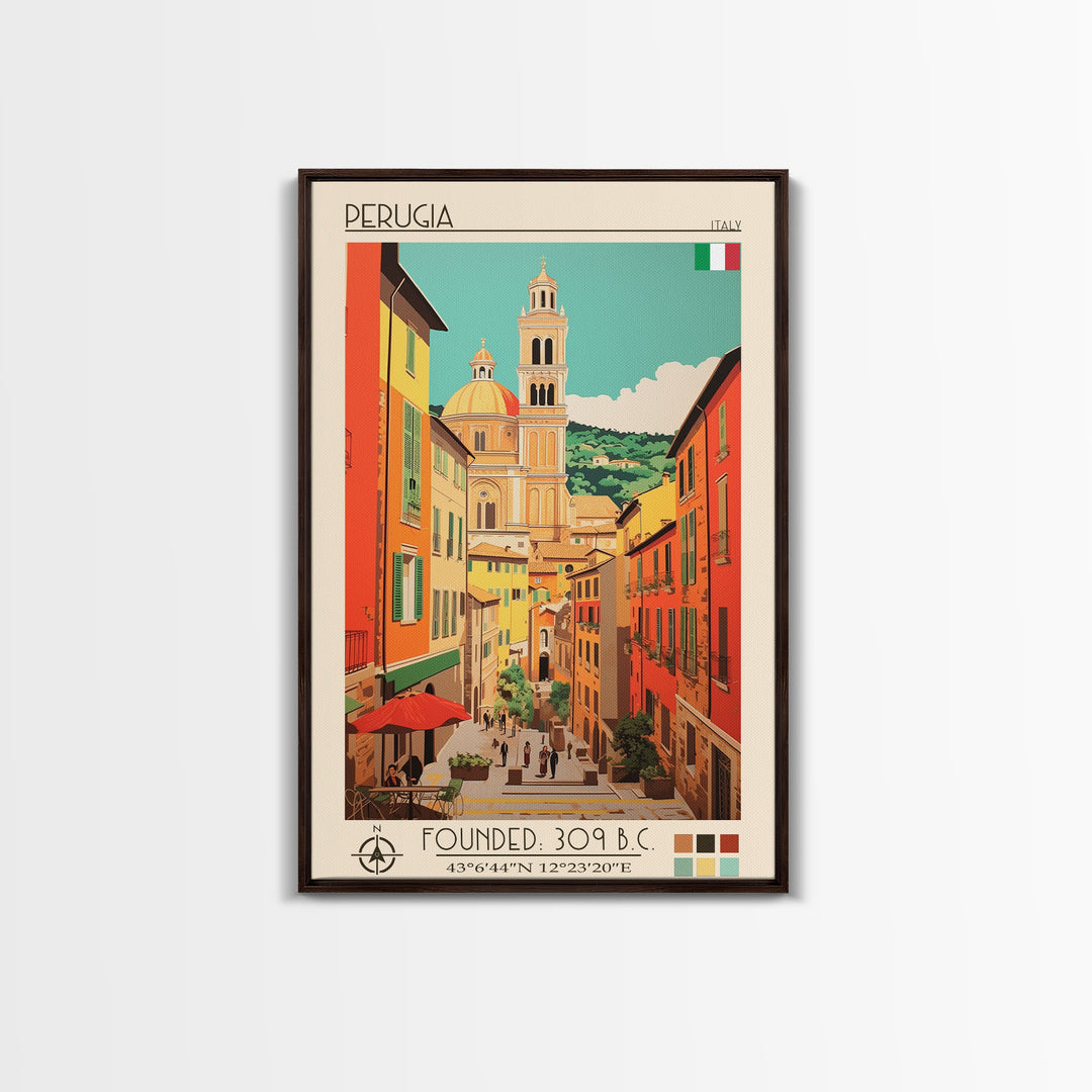 Perugia Italy Travel Poster Framed Canvas Print, Vintage Style, Pop Art Home Decor, Scenic Wall Art, Bedroom Decoration, Office Gift