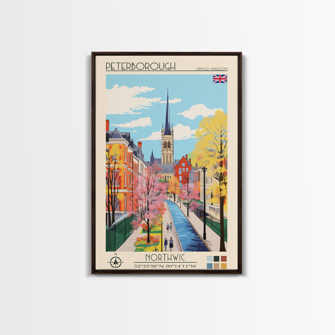 Peterborough United Kingdom Travel Poster Framed Canvas Print, Midcentury Modern Art, Pop Art Wall Decor, Home Decor, Vacation Gift, Office Art