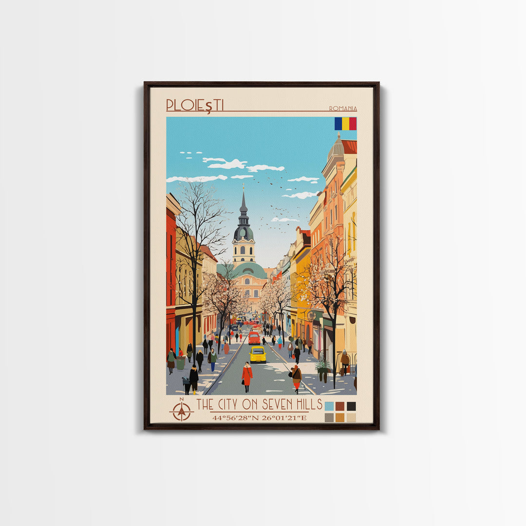 Ploiești Romania Travel Poster Framed Canvas Print, Midcentury Modern Art, Pop Art Wall Decor, Scenic Wall Art, Bedroom Decoration