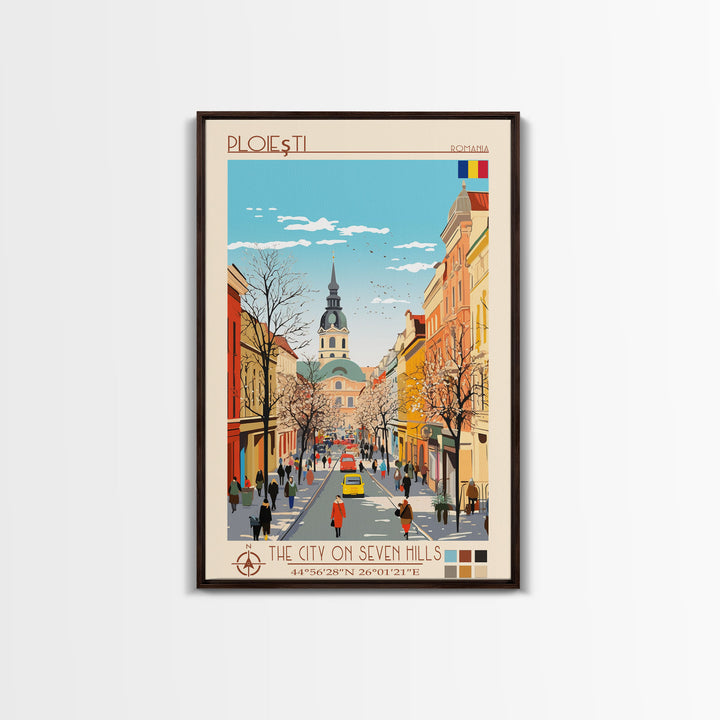 Ploiești Romania Travel Poster Framed Canvas Print, Midcentury Modern Art, Pop Art Wall Decor, Scenic Wall Art, Bedroom Decoration