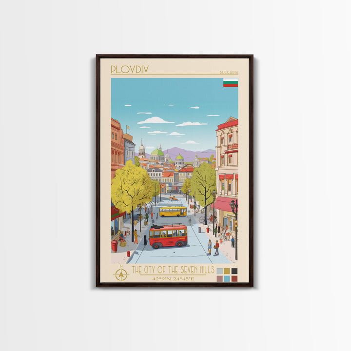 Plovdiv Bulgaria Travel Poster Framed Canvas Print, Midcentury Modern Art, Pop Art Wall Decor, Living Room Art, Home Decoration