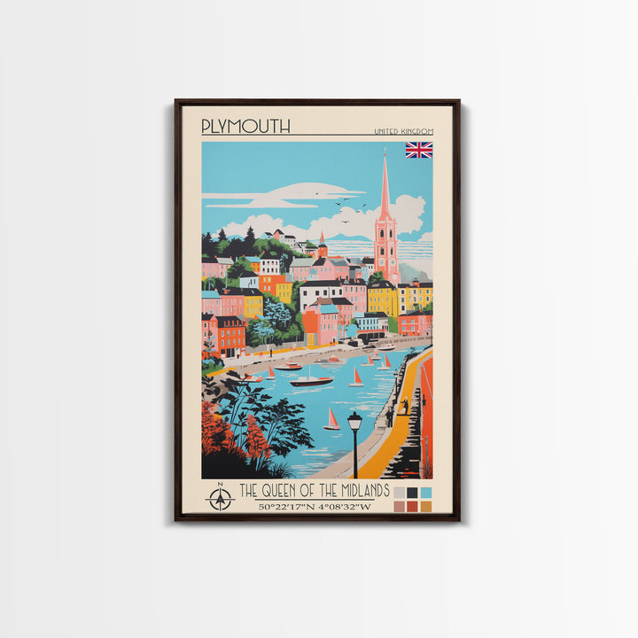 Plymouth United Kingdom Travel Poster Framed Canvas Print, Midcentury Modern Art, Pop Art Wall Decor, Scenic Bedroom Art, Office Decoration